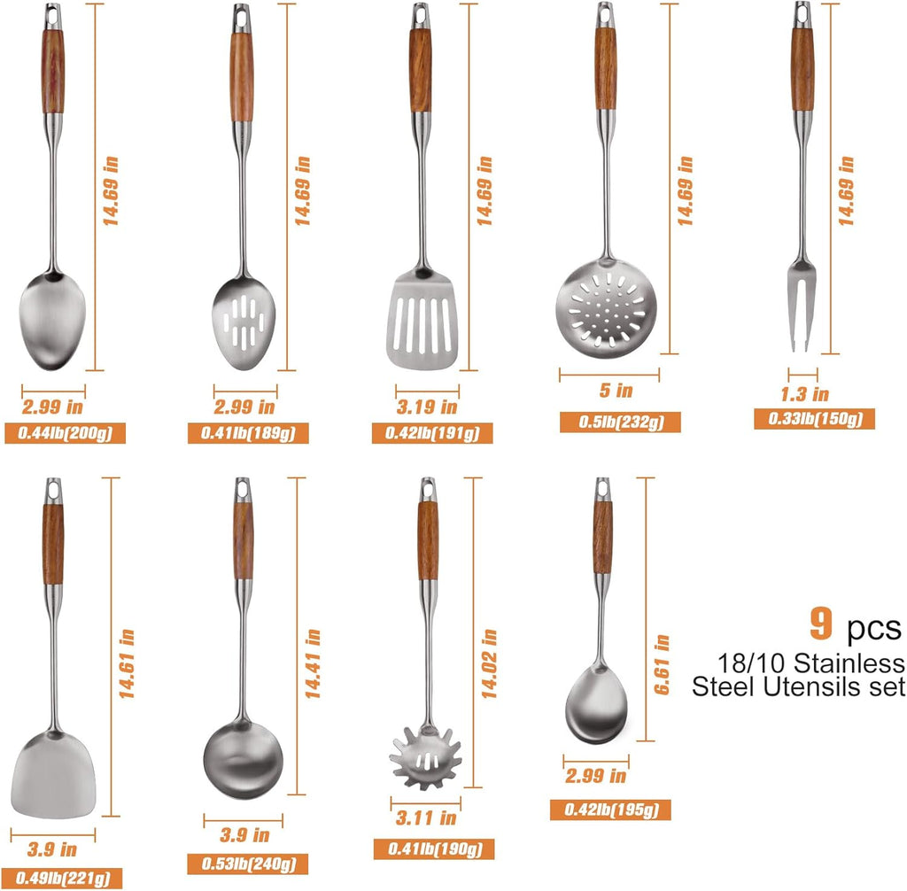 9 PCS 304 Stainless Steel Kitchen Cooking Utensils set with Wooden Handle, Metal Kitchen Utensils Set, Large Heat Resistant Wooden Handle Kitchen Tools, Stainless Steel Wok Spatula