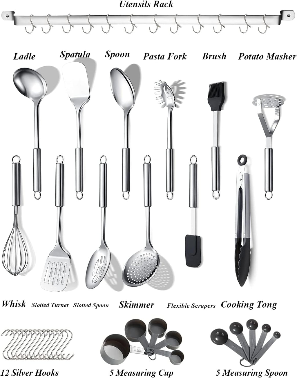 Kitchen Utensils Set 38 Pieces, Stainless Steel Cooking Utensils Set, Kitchen Gadgets Cookware, Kitchen Tool Set with Utensil Holder Rack And Hooks For Hanging Dishwasher Safe