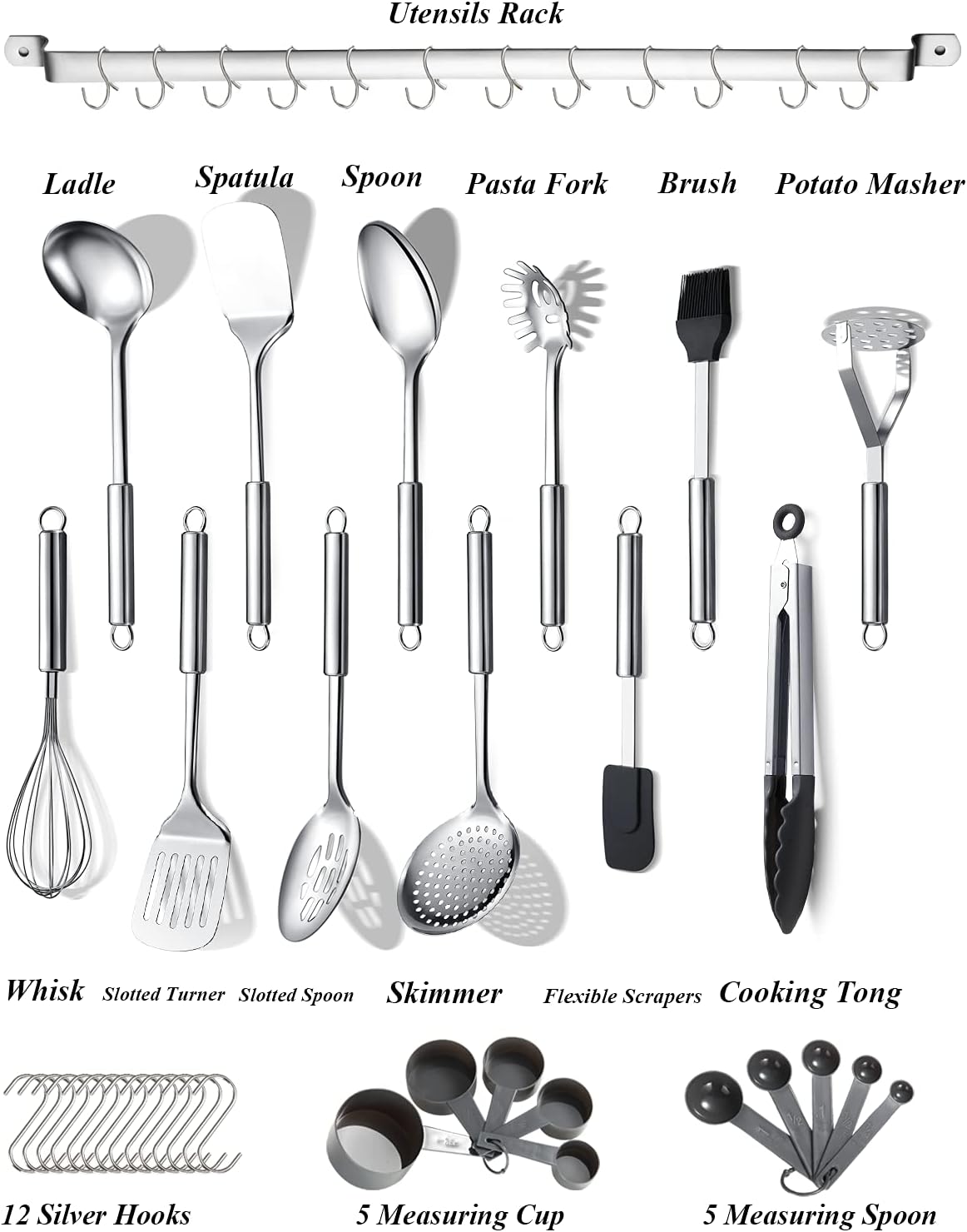 Kitchen Utensils Set 38 Pieces, Stainless Steel Cooking Utensils Set, Kitchen Gadgets Cookware, Kitchen Tool Set with Utensil Holder Rack And Hooks For Hanging Dishwasher Safe