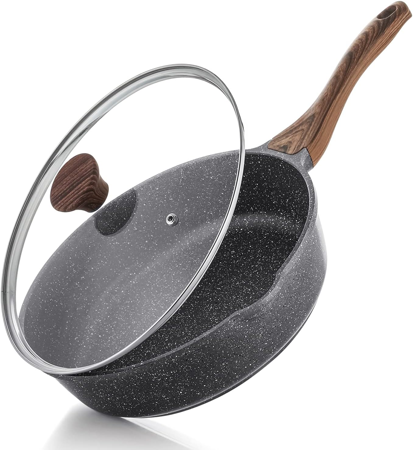 Nonstick Skillet, Deep Frying Pan 10/11/12-inch, Saute Pan with Lid, Stay-cool Handle, Healthy Stone Cookware Cooking Pan, Induction Compatible,  Free (10-Inch/3.5QT)