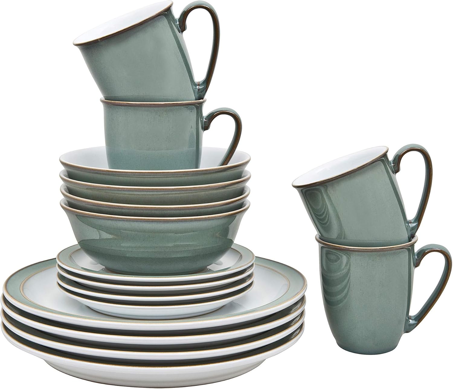 Dinner Set For 4-16 Piece Ceramic Green, White Tableware Set - Dishwasher Microwave Safe Crockery Set - 4 x Dinner Plates, 4 x Small Plates, 4 x Cereal Bowls, 4 x Mugs