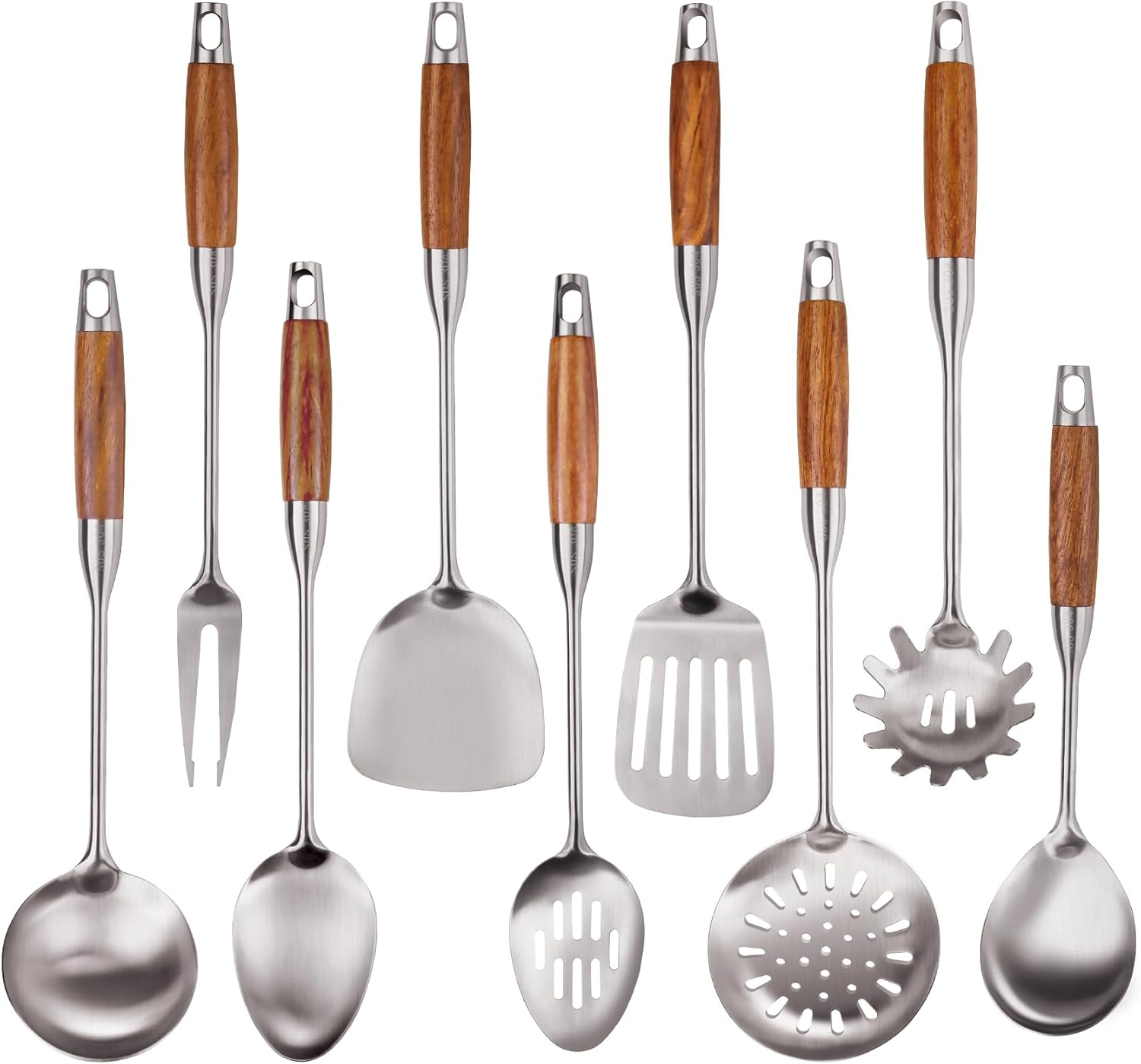9 PCS 304 Stainless Steel Kitchen Cooking Utensils set with Wooden Handle, Metal Kitchen Utensils Set, Large Heat Resistant Wooden Handle Kitchen Tools, Stainless Steel Wok Spatula