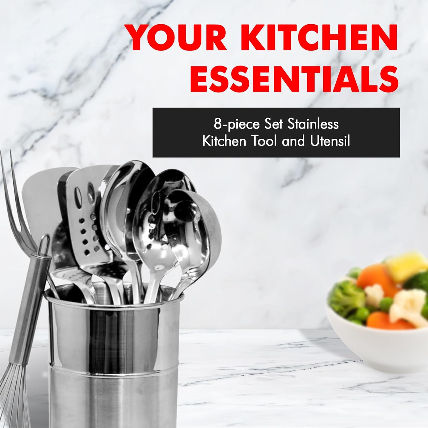 8 Piece Stainless Steel Kitchen Utensils Set with Utensil Holder