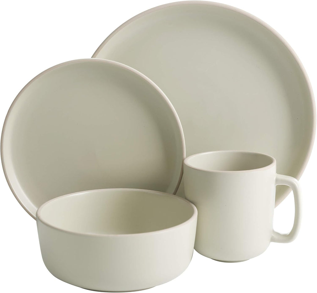 16 Piece Round Kitchen Dinnerware Set, Dishes, Plates, Bowls, Mugs, Service for 4, Matte Stoneware, Cream