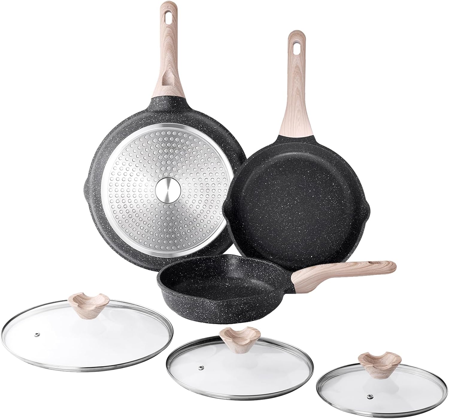 Nonstick Frying Pan Set with Lids, 3 Piece Skillet Set, Healthy Induction Cookware Cooking Pan, Stay-Cool Handle, Compatible with All Stovetops,  Free (8, 9.5, 11 Inch)