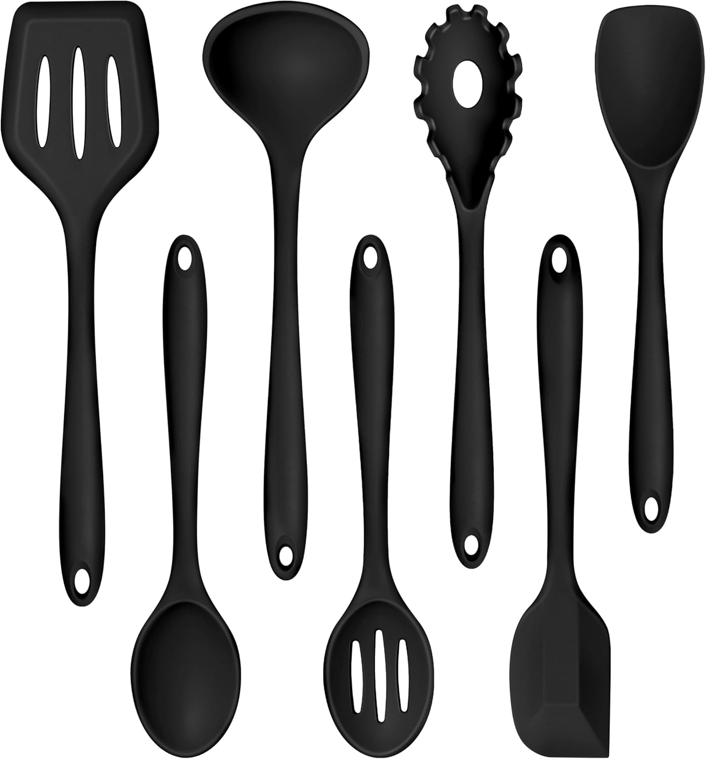 Silicone Cooking Utensil Set of 7, Black Kitchen Nonstick Tools Turner Spoon Spatula Ladle Pasta Server for Nonstick Cookware, Healthy & One-Piece, Anti-Heat & Dishwasher Safe
