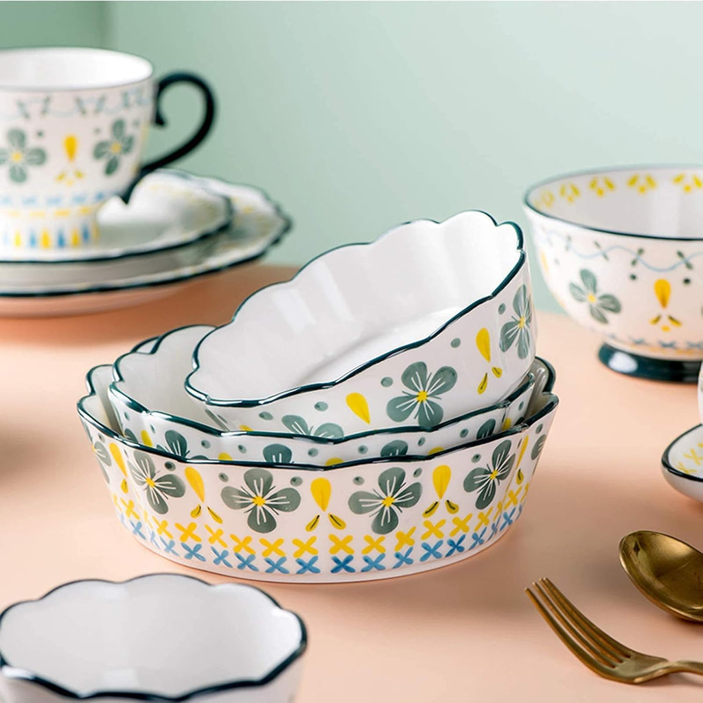 Plate and Bowl Set Kitchen Tableware Set,Ceramics Dinner Sets, 33 Pieces Four Leaf Clover Pattern Cereal Bowl and Steak Plate Set | Porcelain Dinnerware Set for Wedding H