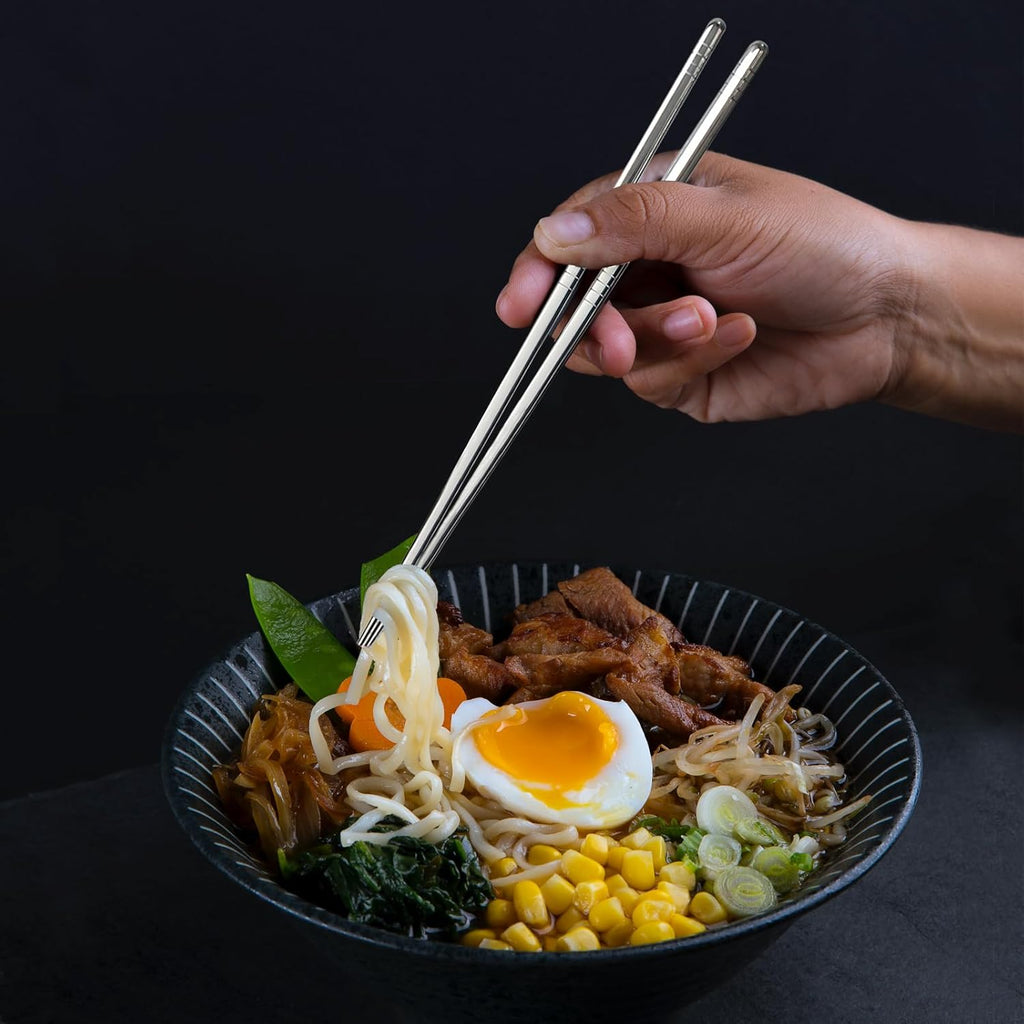 Metal Chopsticks, 5 Pairs 304 Stainless Steel Chopsticks, Lightweight Non-Slip Korean Reusable Chop Sticks Dishwasher Safe Gift Set (Silver)