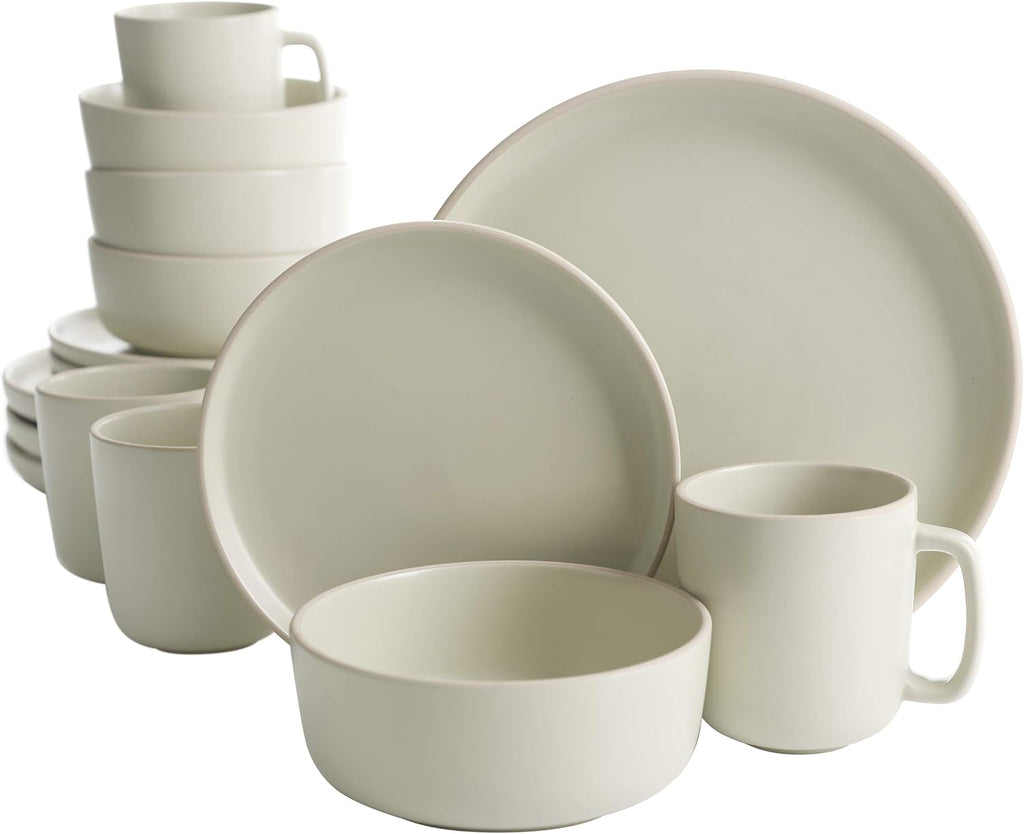 16 Piece Round Kitchen Dinnerware Set, Dishes, Plates, Bowls, Mugs, Service for 4, Matte Stoneware, Cream