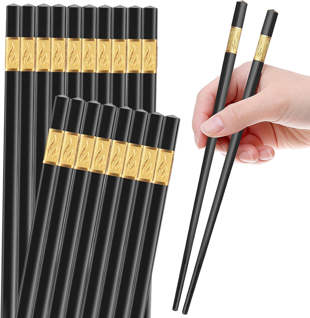 10 Pairs Reusable Chopsticks Dishwasher Safe,9.5 Inch Fiberglass Chopsticks Set, Japanese Chinese Korean Chopsticks for Food, Non-Slip, Easy to Use (Black Chopsticks)