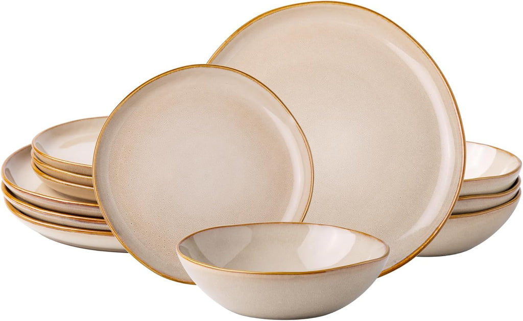 Ceramic Dinnerware Sets,Handmade Reactive Glaze Plates and Bowls Set,Highly Chip and Crack Resistant | Dishwasher & Microwave Safe Dishes Set,Service for 4 (12pc)