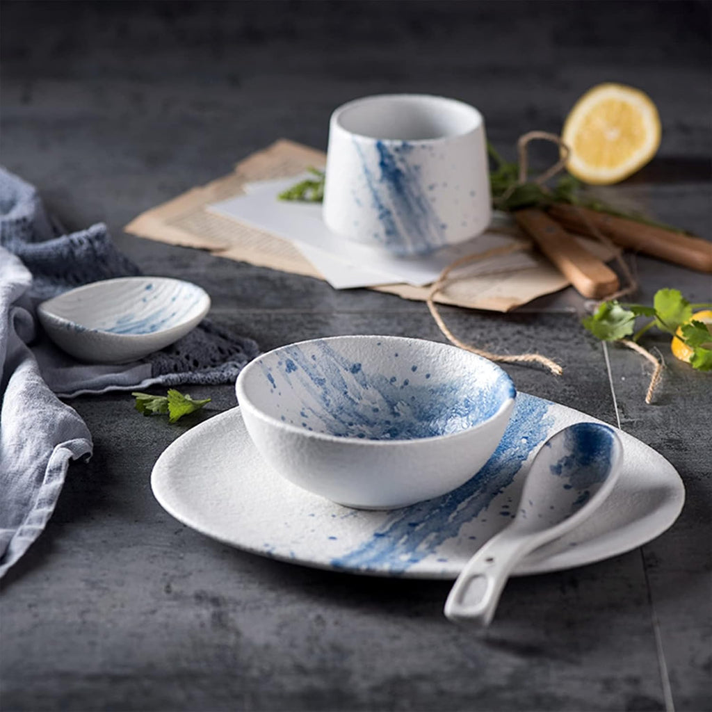 Ceramics Dinnerware Set, Plates and Bowls Sets for Restaurant, 36 Pieces Blue Splash Ink Tableware Combination Set, Matte Irregular Shape Porcelain Dinner Set