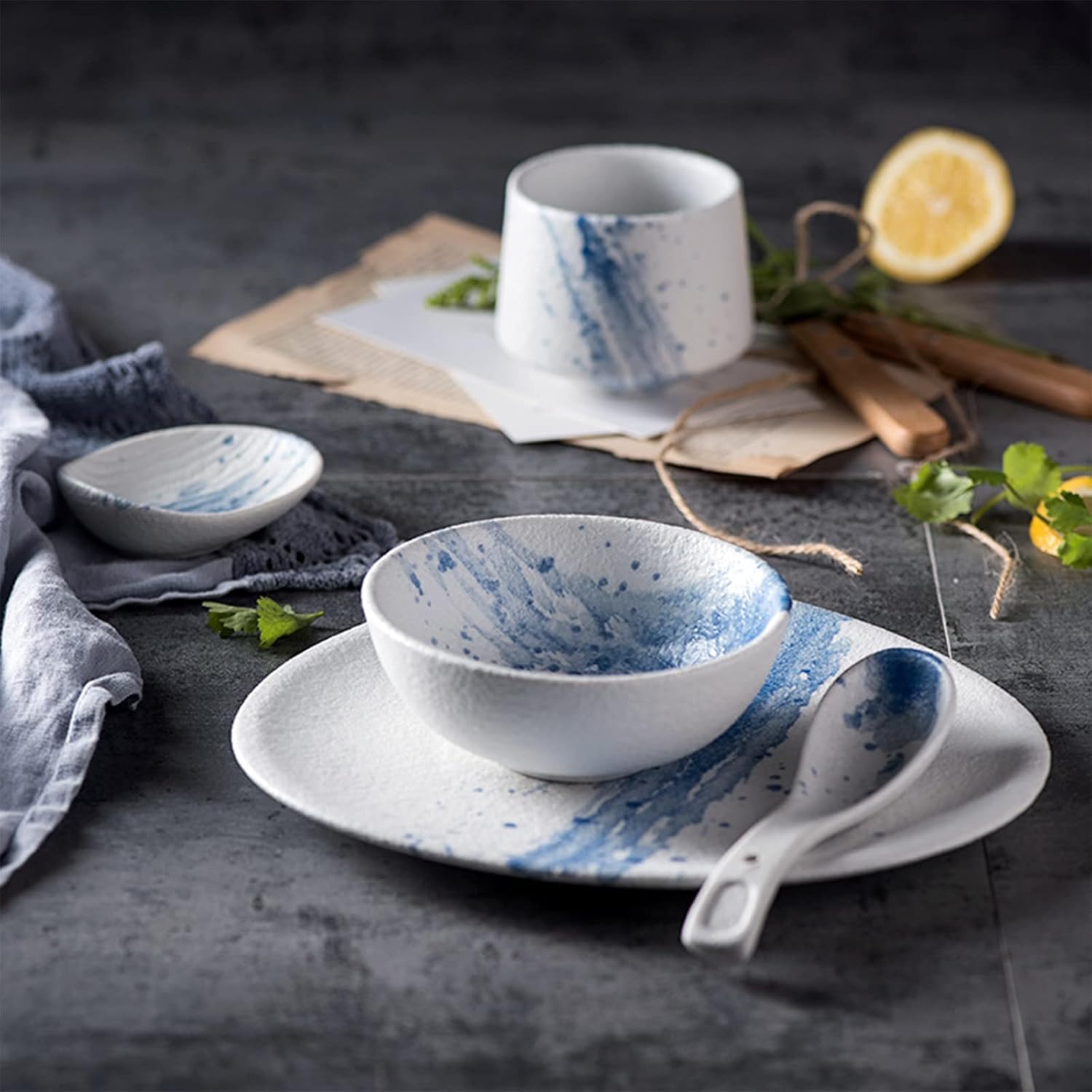 Ceramics Dinnerware Set, Plates and Bowls Sets for Restaurant, 36 Pieces Blue Splash Ink Tableware Combination Set, Matte Irregular Shape Porcelain Dinner Set