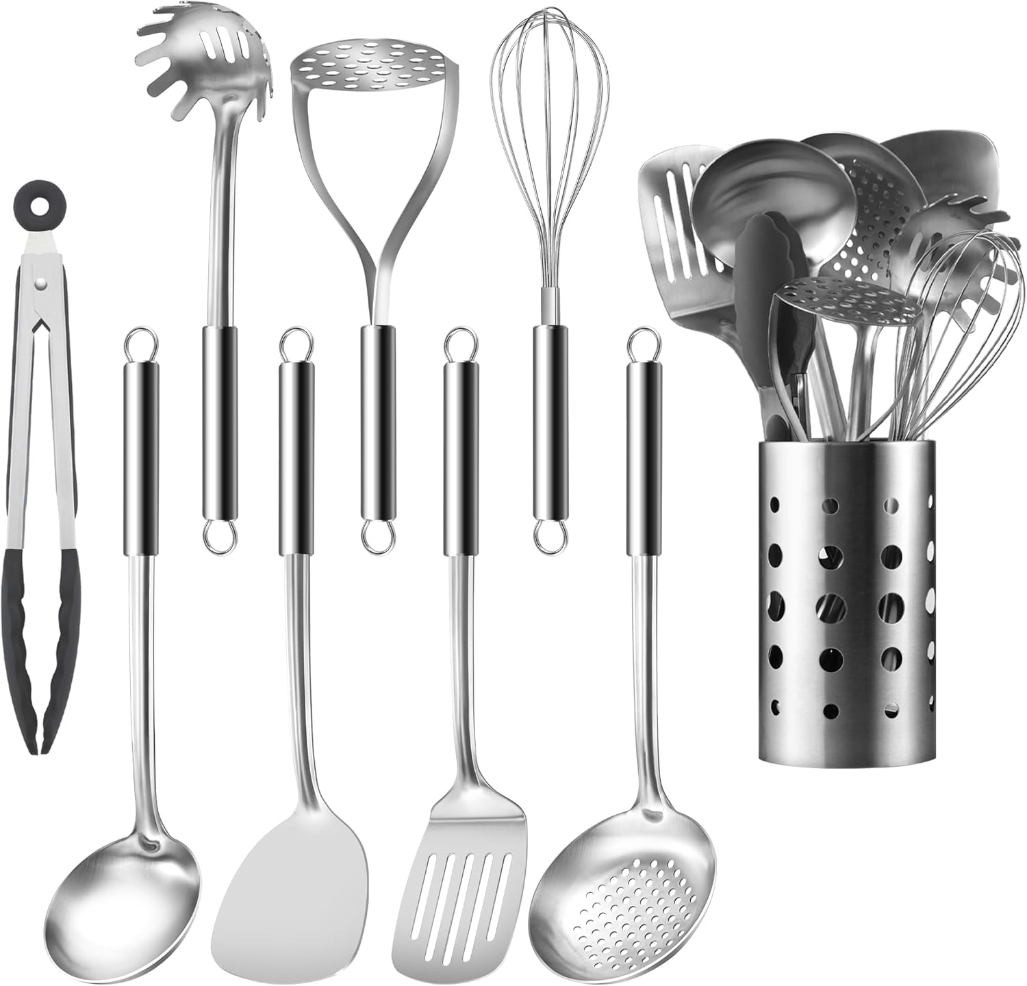 Stainless Steel Cooking Utensils Set, 9 Pcs Heat Resistant Kitchen Utensils Set, Nonstick Kitchen Tools Set With Utensil Holder, Metal Spatula Set for Chef, Dishwasher Safe