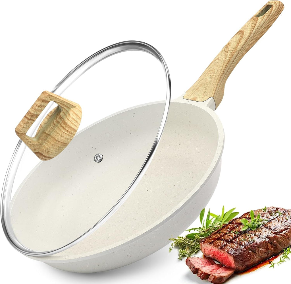 Nonstick Frying Pan Skillet with Lid - 8" White Granite Non Stick Pans, Omelette Pan with Heat-Resistant Handle, Compatible with All Stovetops,  Free
