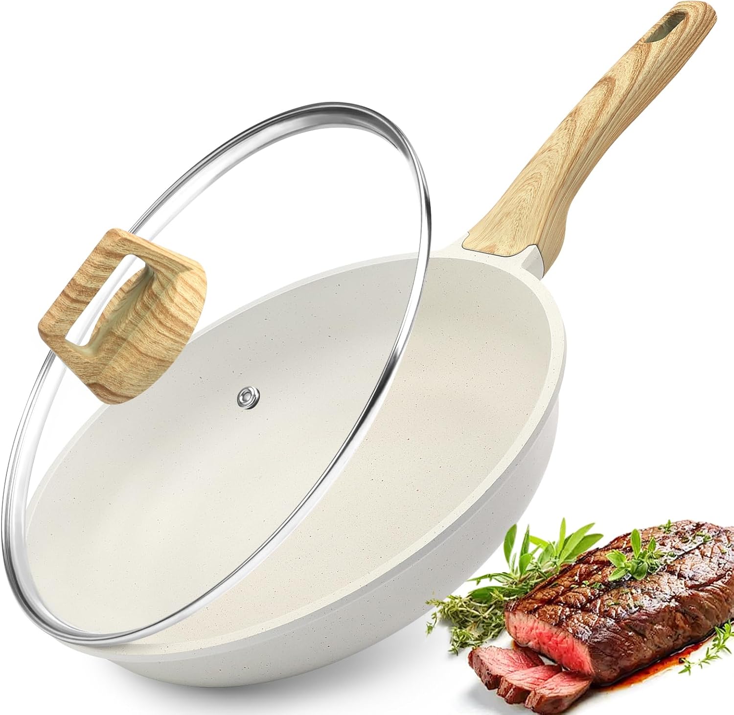 Nonstick Frying Pan Skillet with Lid - 8" White Granite Non Stick Pans, Omelette Pan with Heat-Resistant Handle, Compatible with All Stovetops,  Free
