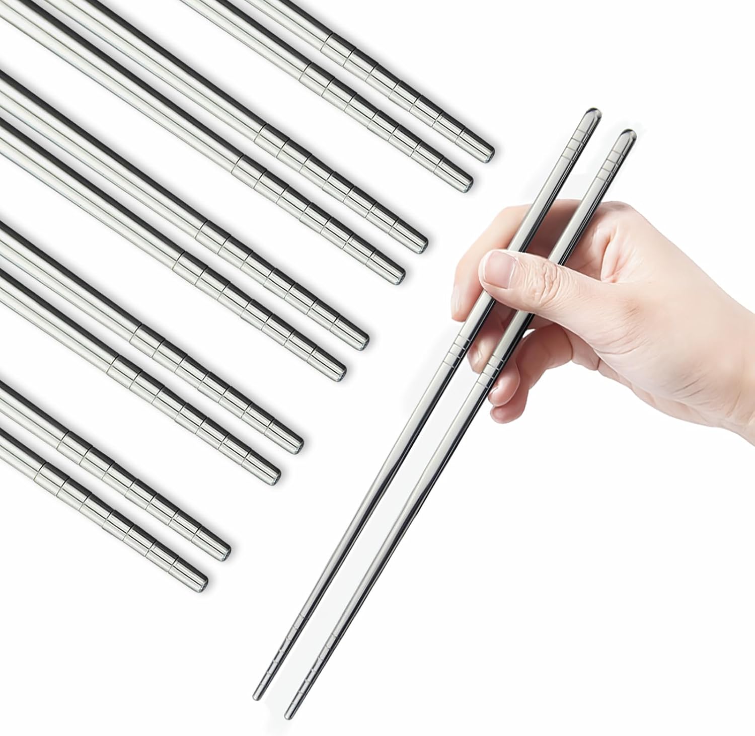 Metal Chopsticks, 5 Pairs 304 Stainless Steel Chopsticks, Lightweight Non-Slip Korean Reusable Chop Sticks Dishwasher Safe Gift Set (Silver)