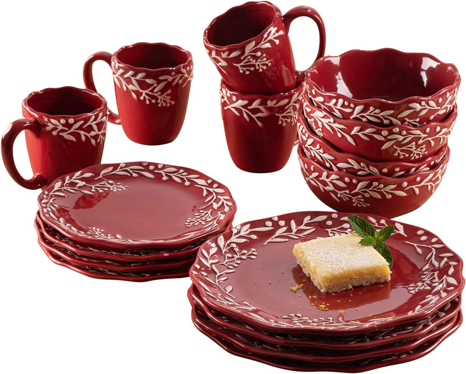 Holiday Round Dinnerware Set – 16-Piece Ceramic Dinner Party Collection w/ 4 Dinner Plates, 4 Salad Plates, 4 Bowls & 4 Mugs – Unique Gift Idea for Any Special Occasion, Red