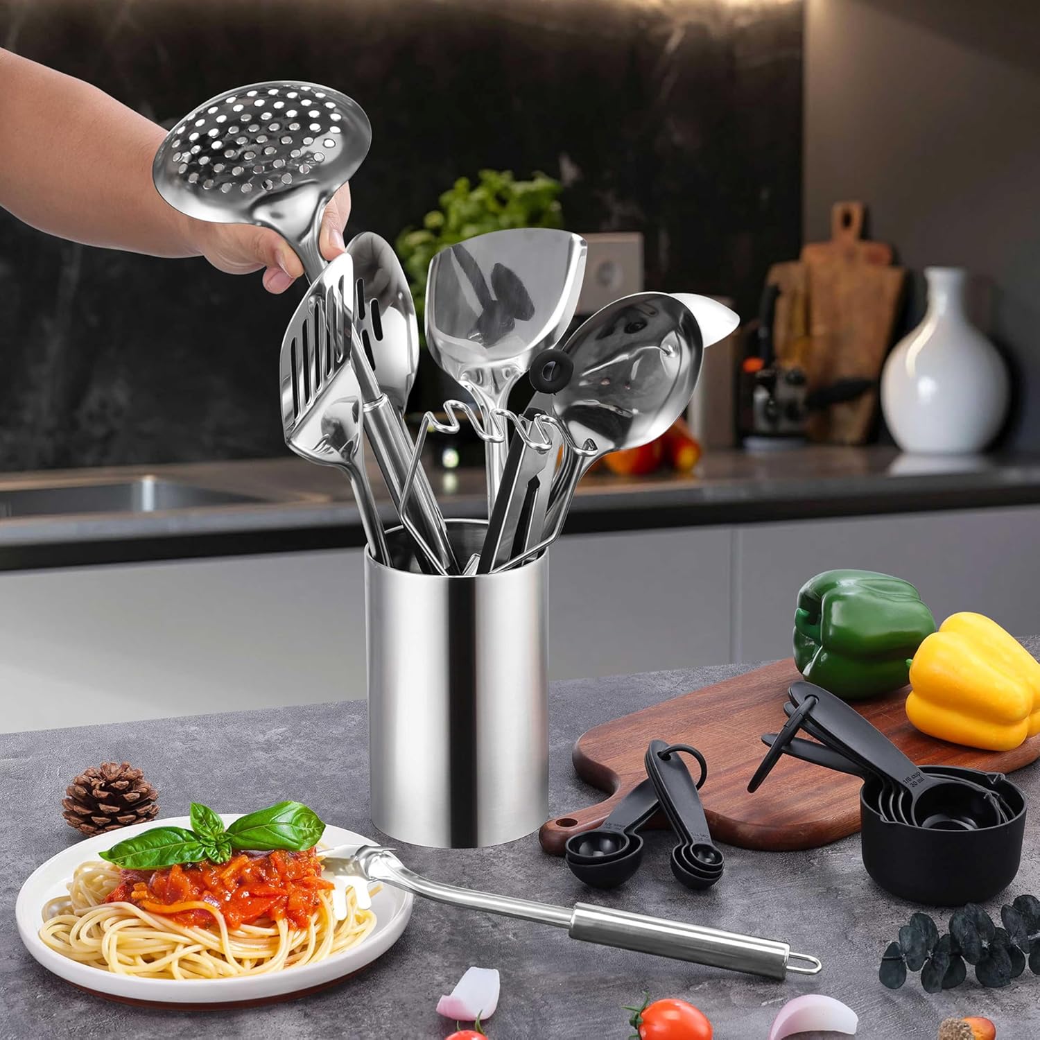 Stainless Steel Cooking Utensils Set,  31-Piece Metal Kitchen Tools with Holder, Heat Resistant Kitchen Utensil for Cooking, Non-toxic Kitchenware Include Skimmer Turner Spatula, Dishwasher Safe