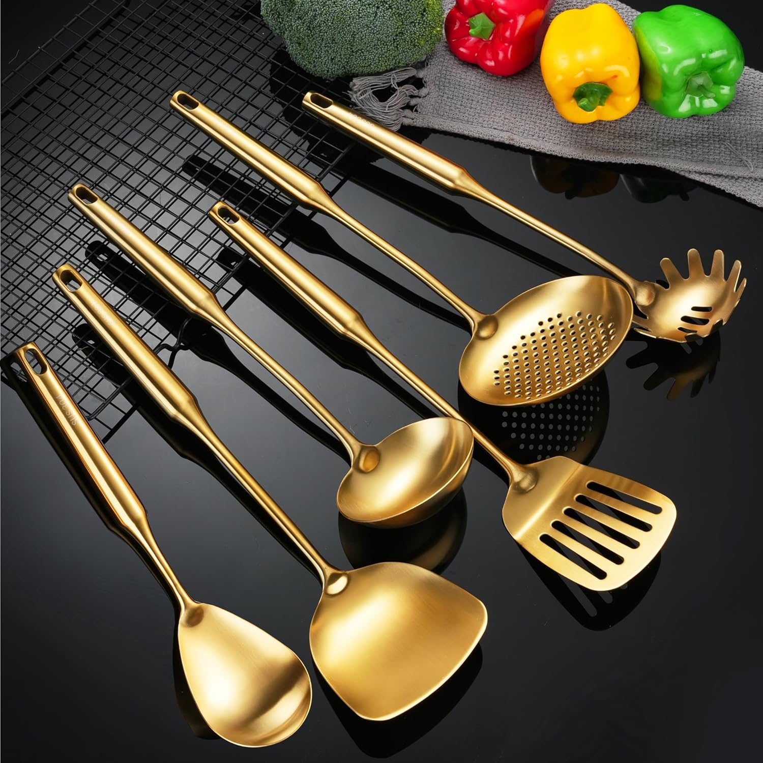 Gold Kitchen Utensils Set 18/10 Stainless Steel 6 Pcs Professional All Metal Cooking Utensils Set 12-15", Wok Spatula, Ladle, Skimmer, Slotted Spatula Turner, Spaghetti Spoon, Large Spoon