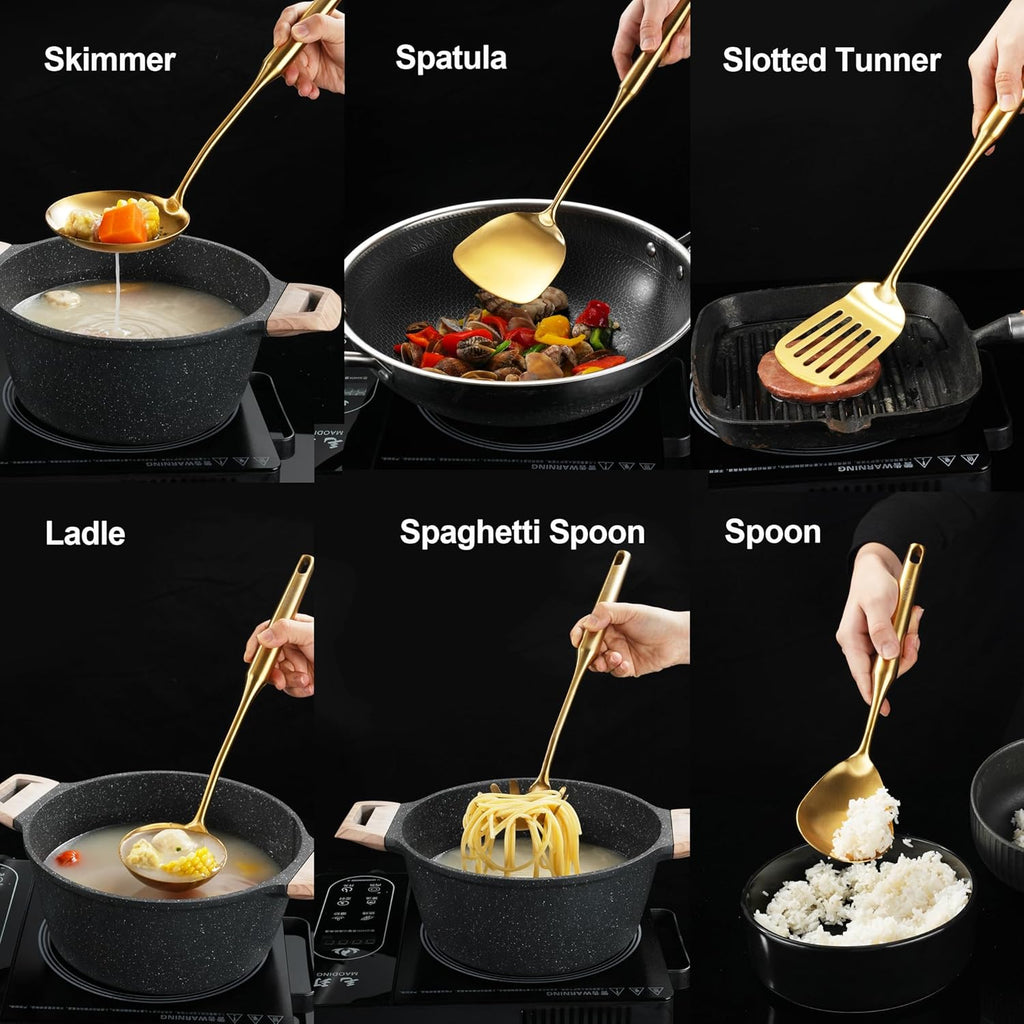 Gold Kitchen Utensils Set 18/10 Stainless Steel 6 Pcs Professional All Metal Cooking Utensils Set 12-15", Wok Spatula, Ladle, Skimmer, Slotted Spatula Turner, Spaghetti Spoon, Large Spoon