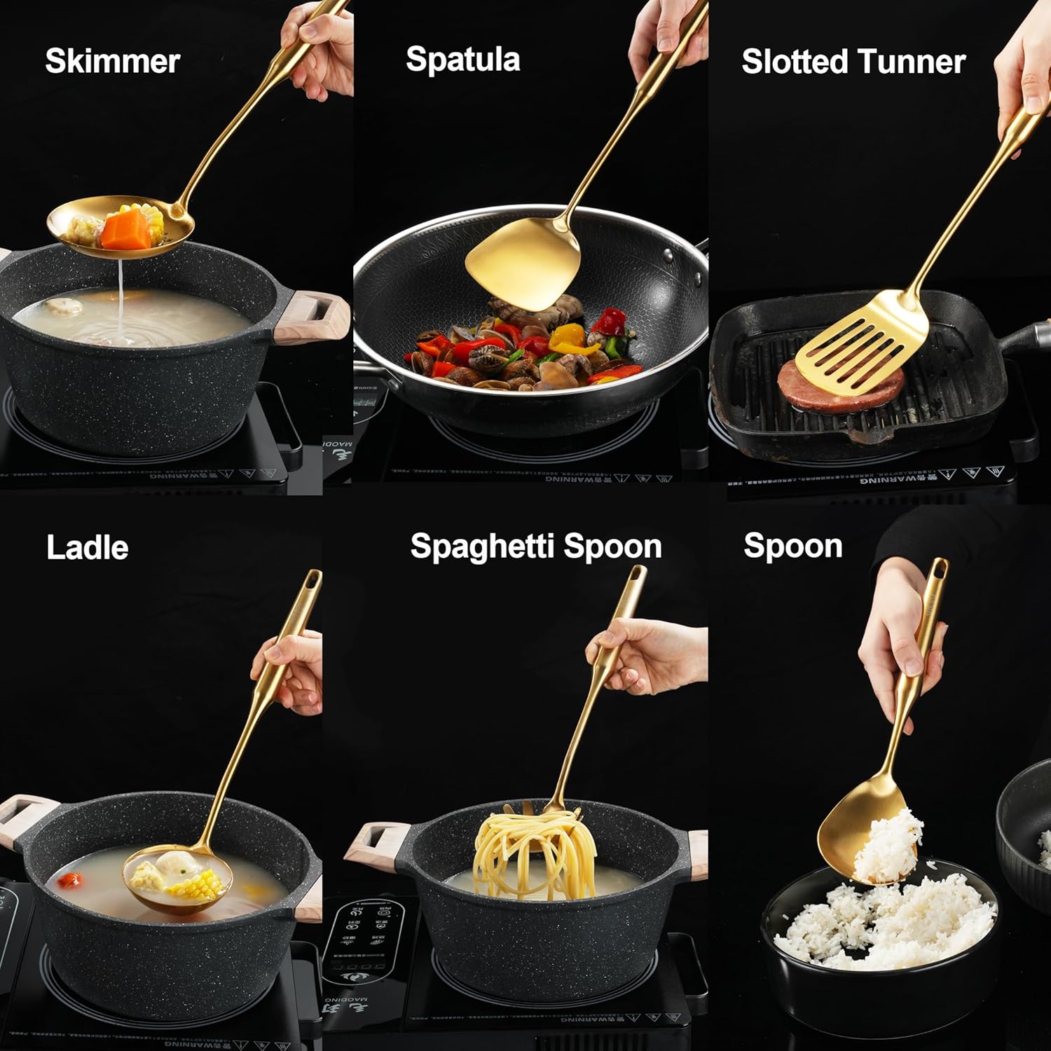 Gold Kitchen Utensils Set 18/10 Stainless Steel 6 Pcs Professional All Metal Cooking Utensils Set 12-15", Wok Spatula, Ladle, Skimmer, Slotted Spatula Turner, Spaghetti Spoon, Large Spoon