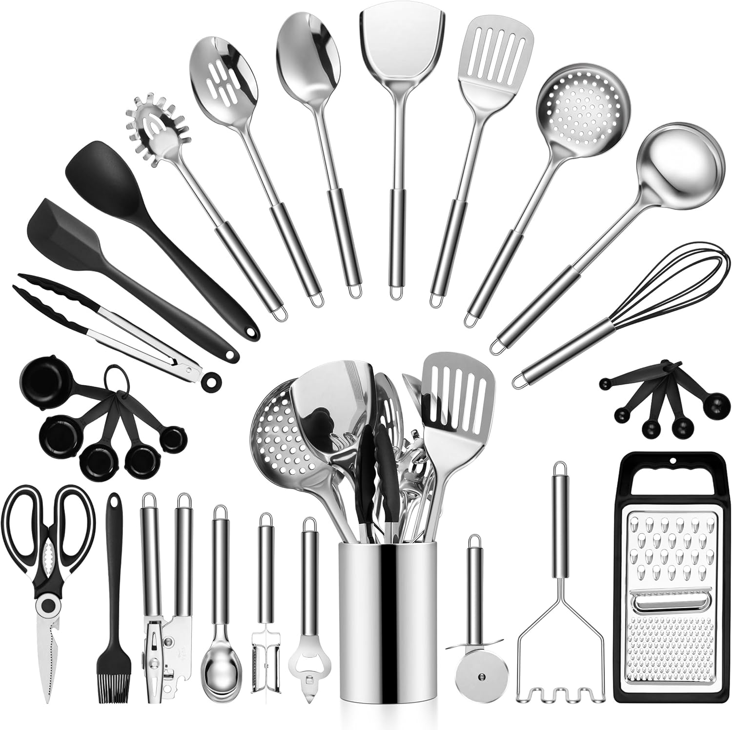 Stainless Steel Cooking Utensils Set,  31-Piece Metal Kitchen Tools with Holder, Heat Resistant Kitchen Utensil for Cooking, Non-toxic Kitchenware Include Skimmer Turner Spatula, Dishwasher Safe