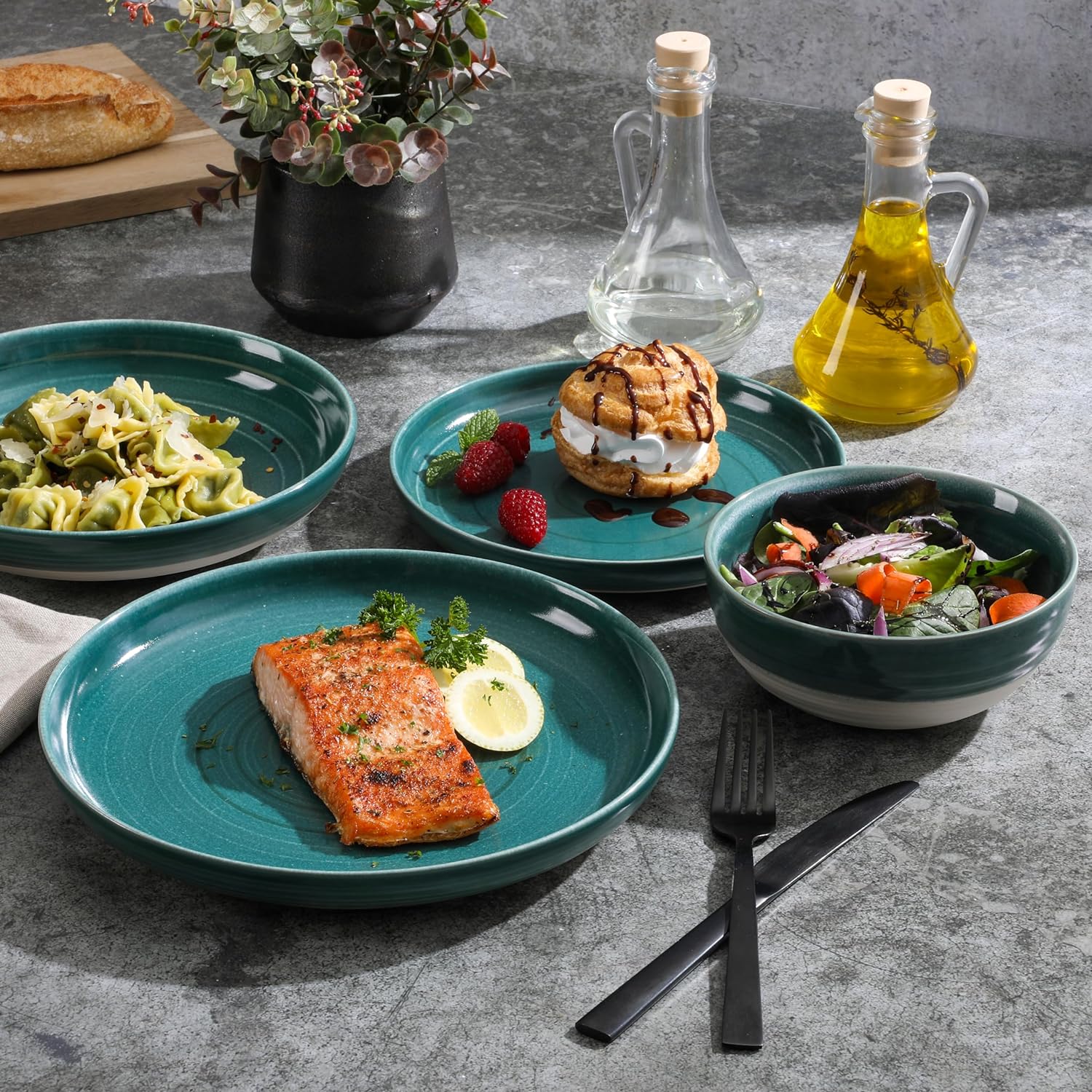 16 Piece Double Bowl Stoneware Reactive Glaze Round Plates and Bowls Dinnerware Set - Teal
