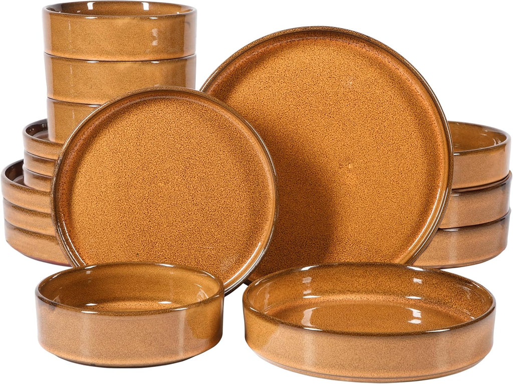 Double Bowl Terracotta Reactive Glaze Plates and Bowls Dinnerware Set - Amber, Service for Four (16pcs)