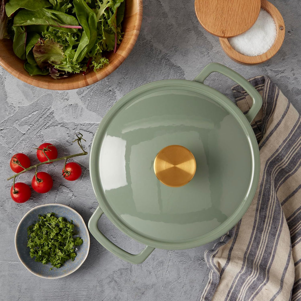3-Quart Enameled Cast Iron Fluted Dutch Oven Pot with Lid, Sage Green