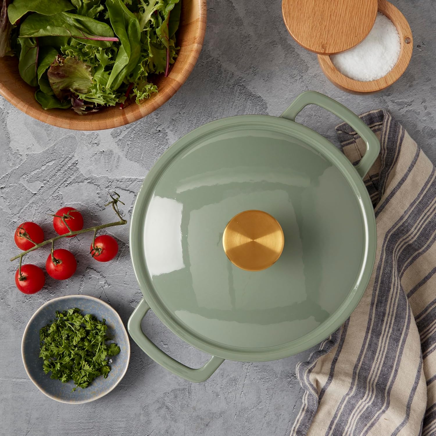 3-Quart Enameled Cast Iron Fluted Dutch Oven Pot with Lid, Sage Green