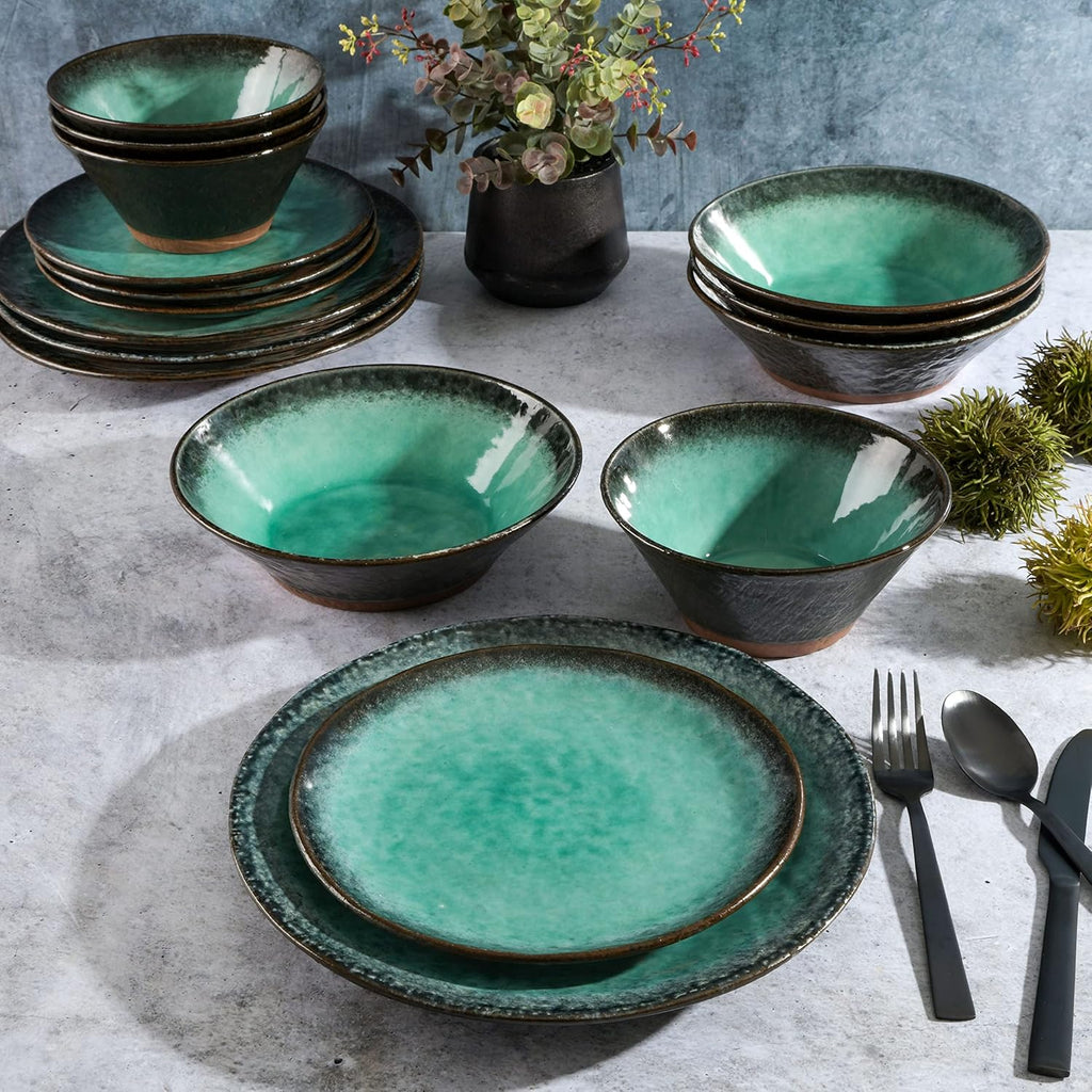 Green Lantern Service for 4 (16 Piece) Double Bowl Dinnerware Set, Teal, Soft Gray, Dinnerware Set