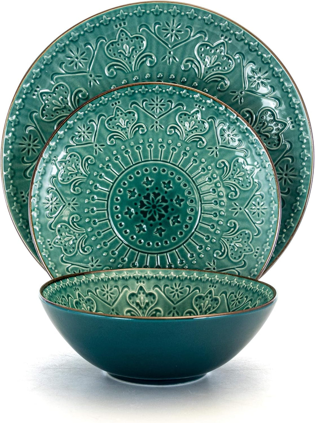Round Stoneware Embossed Dinnerware Dish Set, 16 Piece, Ocean Teal and Green