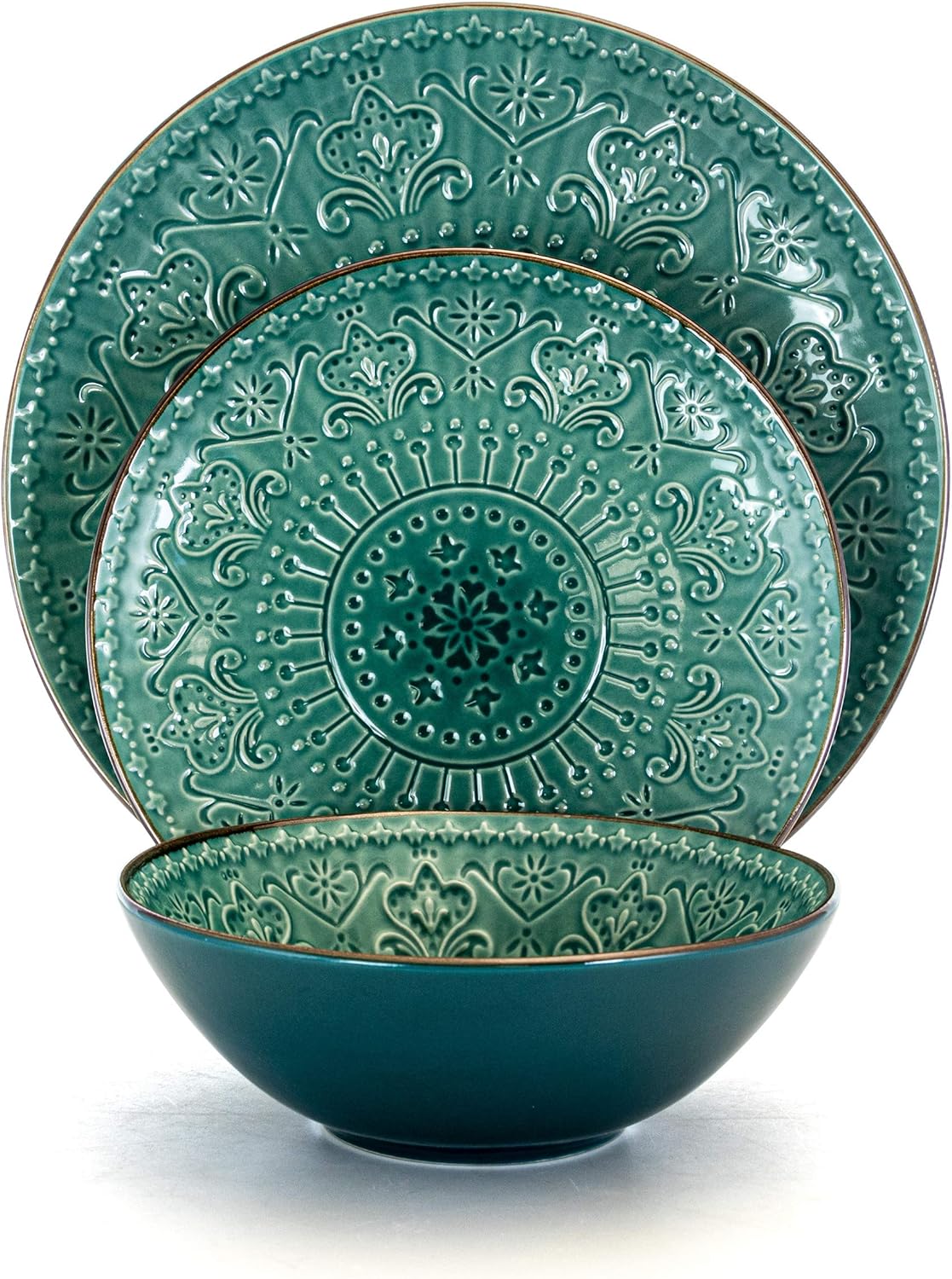 Round Stoneware Embossed Dinnerware Dish Set, 16 Piece, Ocean Teal and Green