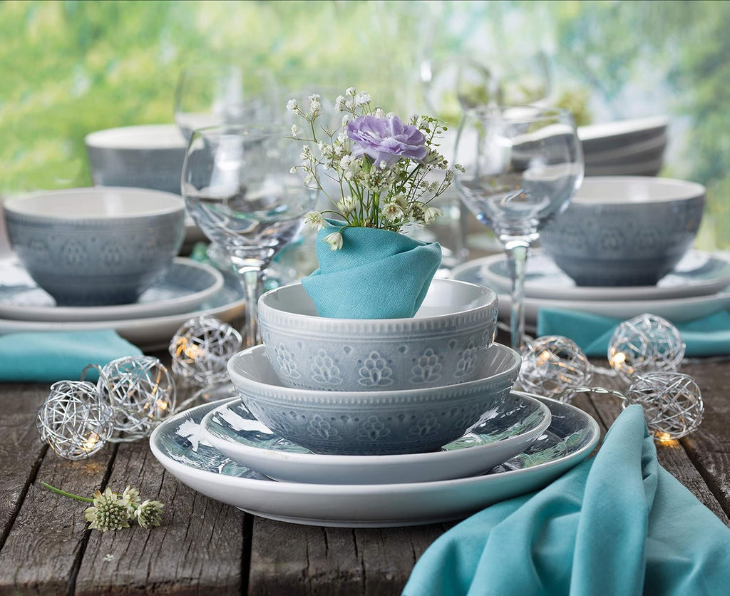 16 Piece Double Bowl Stoneware Mandala Pattern Design Dinnerware Set, Service for 4, Grey