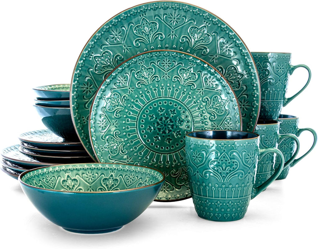 Round Stoneware Embossed Dinnerware Dish Set, 16 Piece, Ocean Teal and Green